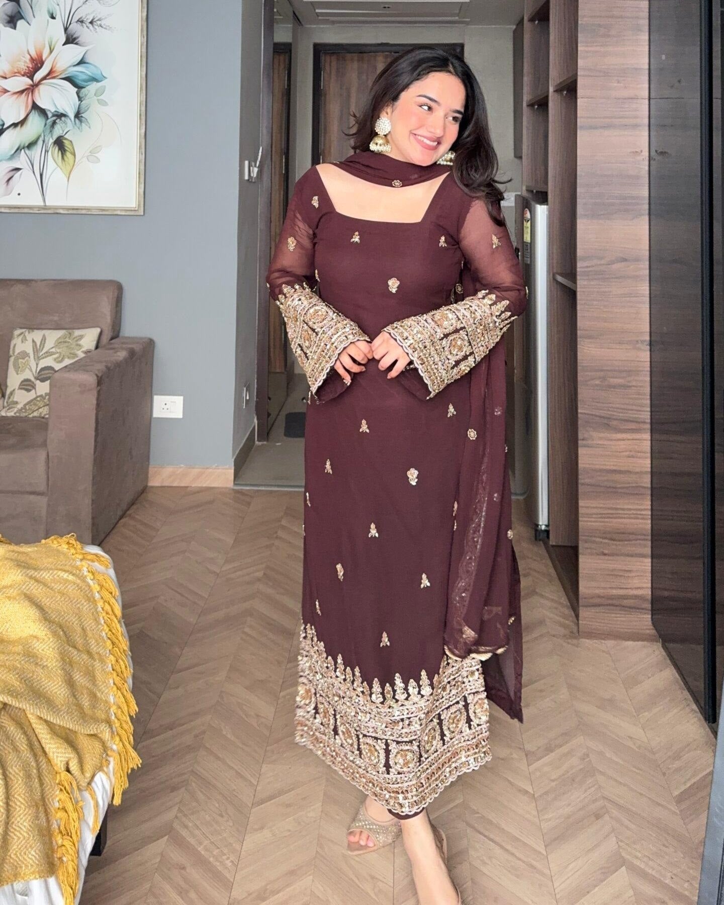 Exclusive Brown Georgette Embroidered Pant Suit With Dupatta