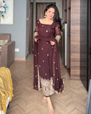 Exclusive Brown Georgette Embroidered Pant Suit With Dupatta
