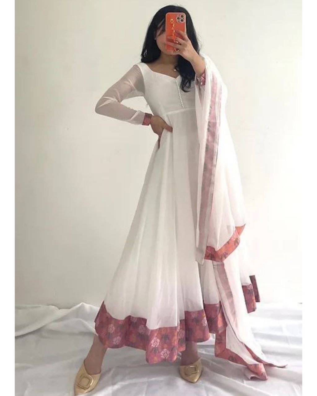 Ready To Wear White Faux Georgette Lace Work Anarkali Suit With Dupatta