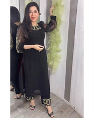 Ready To Wear Black Faux Georgette Embroidery Work Pant Suit With Ruffle Dupatta