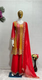 Designer Red Embroidered Kurta Palazzo Set with Dupatta