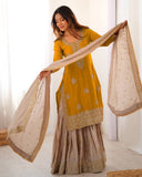 Premium Yellow Peacock Blue Premium Chinon Silk Embroidery Gharara Suit With Dupatta