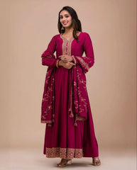 Designer Pink-Blue Satin Silk Embroidery Work Anarkali Suit With Dupatta