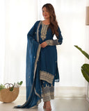 Ready To Wear Teal Blue Pure Chinon Silk Embroidery Kurti Pant With Dupatta
