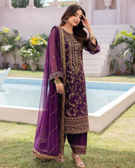 Designer Purple Chinon Silk Embroidery Work Pant Suit With Dupatta