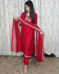 Ready To Wear Red Mastani Silk Embroidery Work Pant Suit With Dupatta