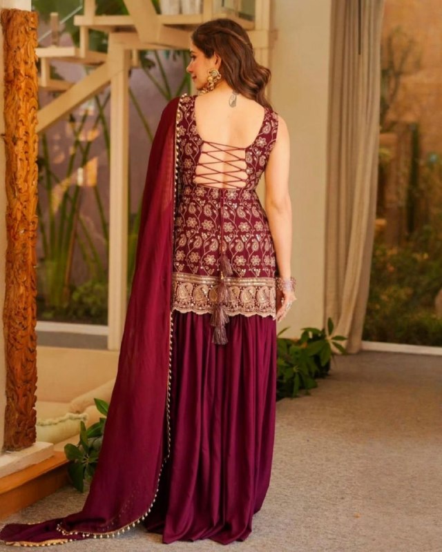 Ready To Wear Red And Green Soft Georgette  Embroidery Sharara Kurti With Dupatta