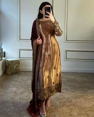 Ready To Wear Copper Jimmy Choo Silk Embroidery Work Pakistani Suit With Maroon Dupatta