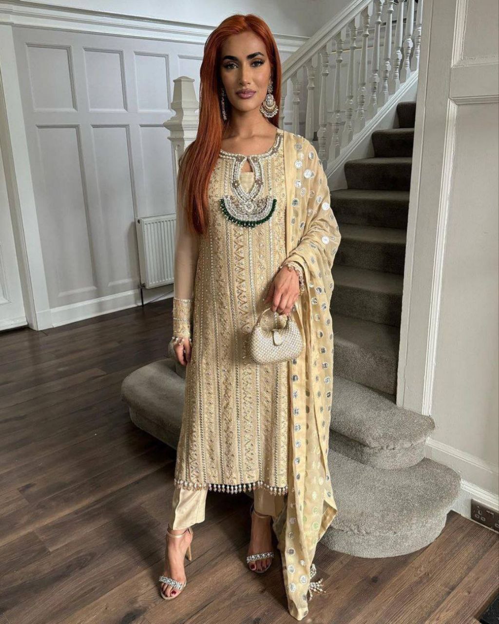 Ready To Wear Cream Pure Georgette Embroidery Work Pakistani Suit With Dupatta