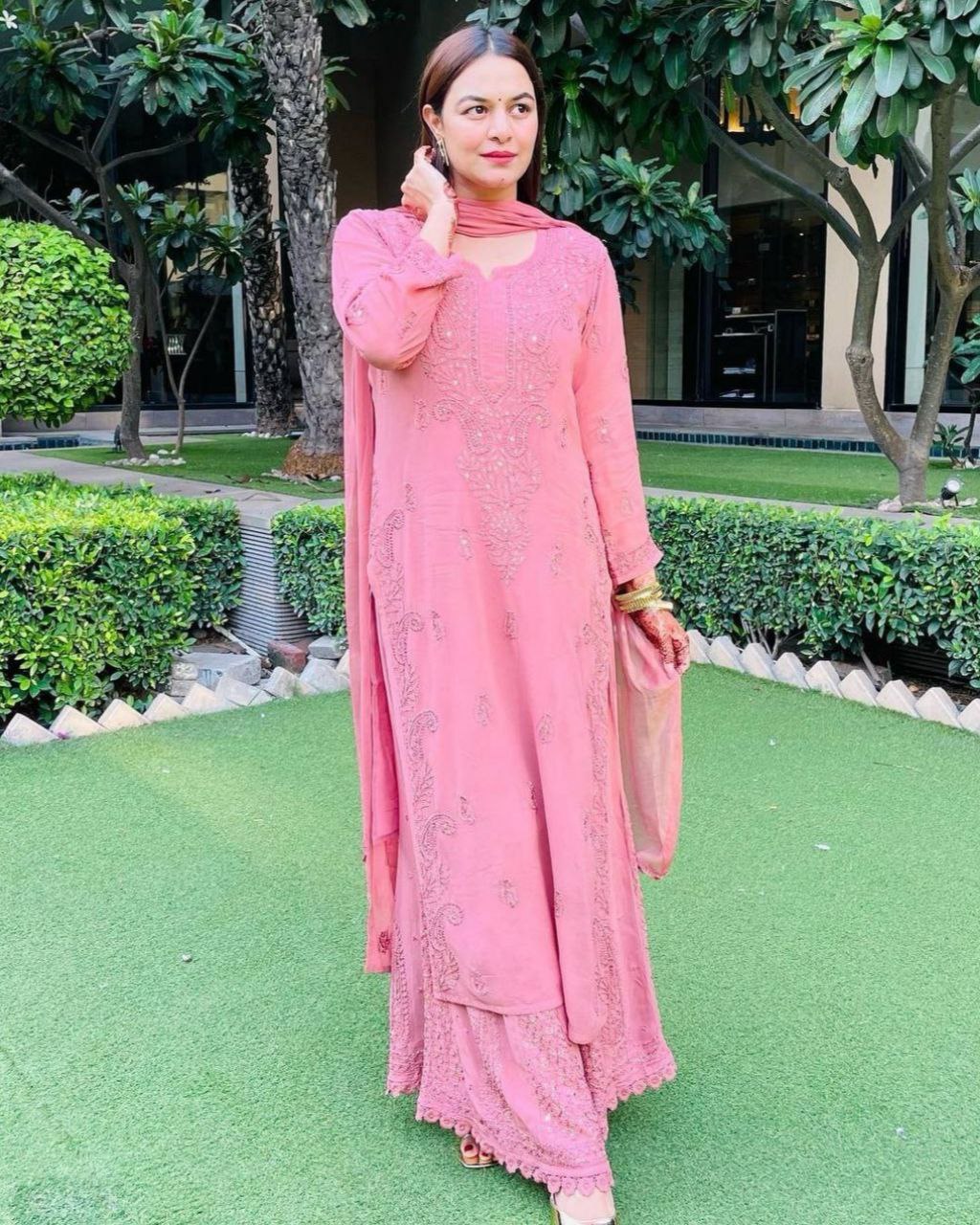 Ready To Wear Blush Pink Faux Georgette Embroidery Work Plazzo Suit With Dupatta