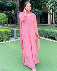 Ready To Wear Blush Pink Faux Georgette Embroidery Work Plazzo Suit With Dupatta