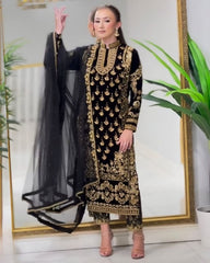 Ready To Wear Black Pure Georgette Embroidery Work Pakistani Pant Suit With Dupatta