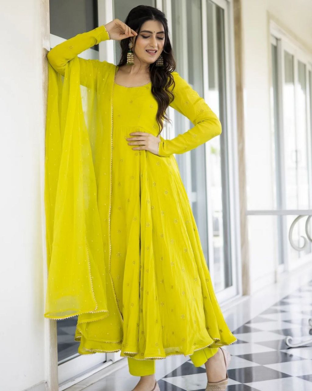 Ready To Wear Lemon Pure Georgette Embroidery Work Anarkali Suit With Dupatta