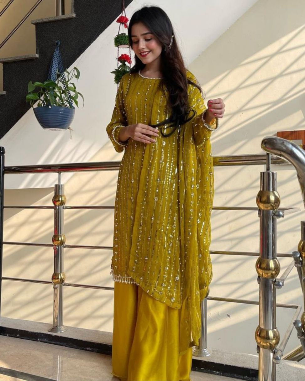 Ready To Wear Yellow Heavy Faux Georgette Embroidery Work Plazzo Suit With Dupatta