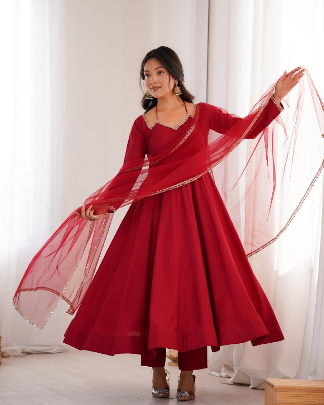 Premium Maroon Chanderi Roman Silk Embroidery Anarkali Suit With Dupatta
