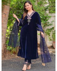 Ready To Wear Dark Blue Micro Velvet Embroidery Work Plazzo Suit With Dupatta