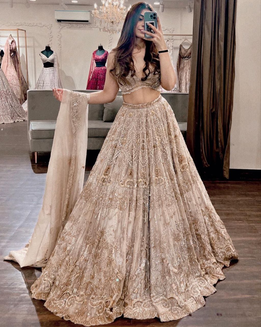 Designer Cream Soft Net Embroidery Work Lehenga Choli With Dupatta