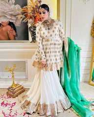 Designer Pure Georgette Embroidery Work Off White Gharara Suit With Green Dupatta