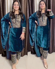 Ready To Wear Mor Pinch Micro Velvet Embroidery Work Pant Suit With Dupatta