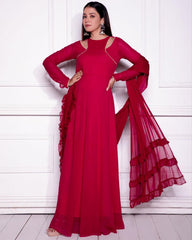 Ready To Wear Rose Red Faux Georgette Ruffle Work Gown With Drapped Dupatta