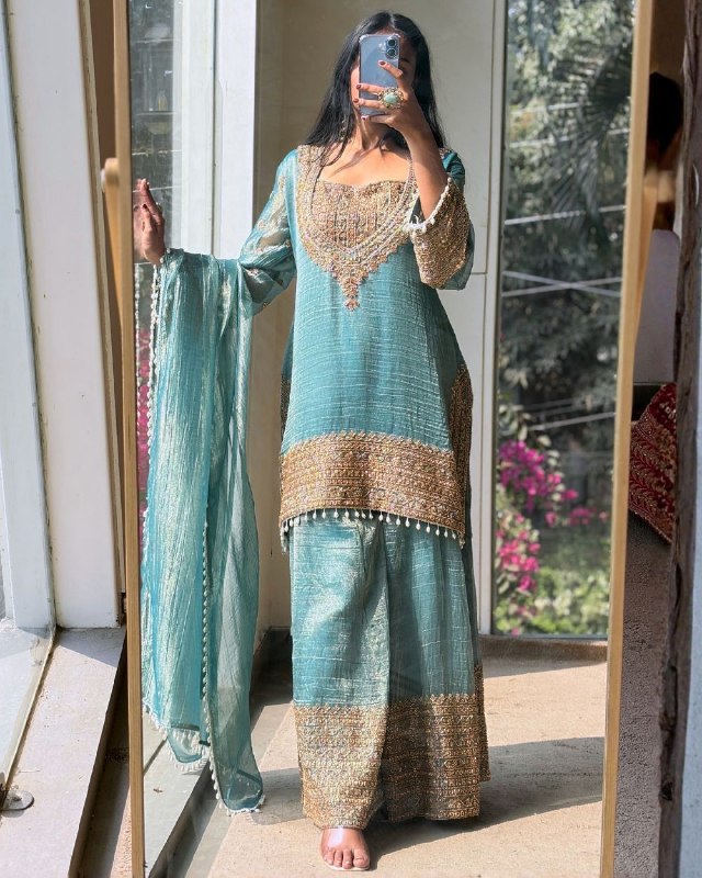Exclusive Pink And Sky Frendy Silk Embroidery Palazo Kurti With Dupatta