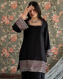 Ready To Wear Black Natural Crep Embroidery Farshi Salwar Kurti With Dupatta