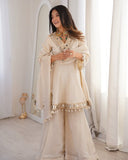 Ready To Wear Beige Chinon Silk Embroidery Gharara Frock With Dupatta