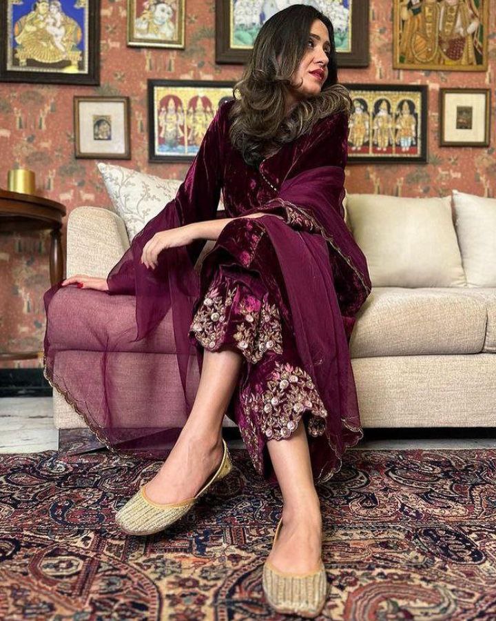 Ready To Wear Wine Micro Velvet Embroidery Work Pakistani Suit With Dupatta