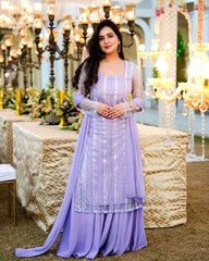 Ready To Wear Pastel Purple Pure Georgette Embroidery Work Sharara Suit With Dupatta