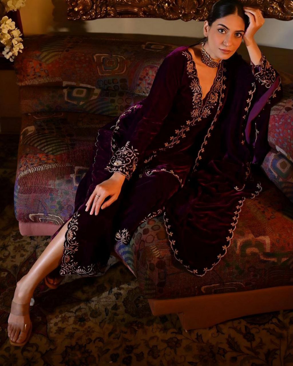 Ready To Wear Purple Micro Velvet Embroidery Work Pakistani Pant Suit With Dupatta