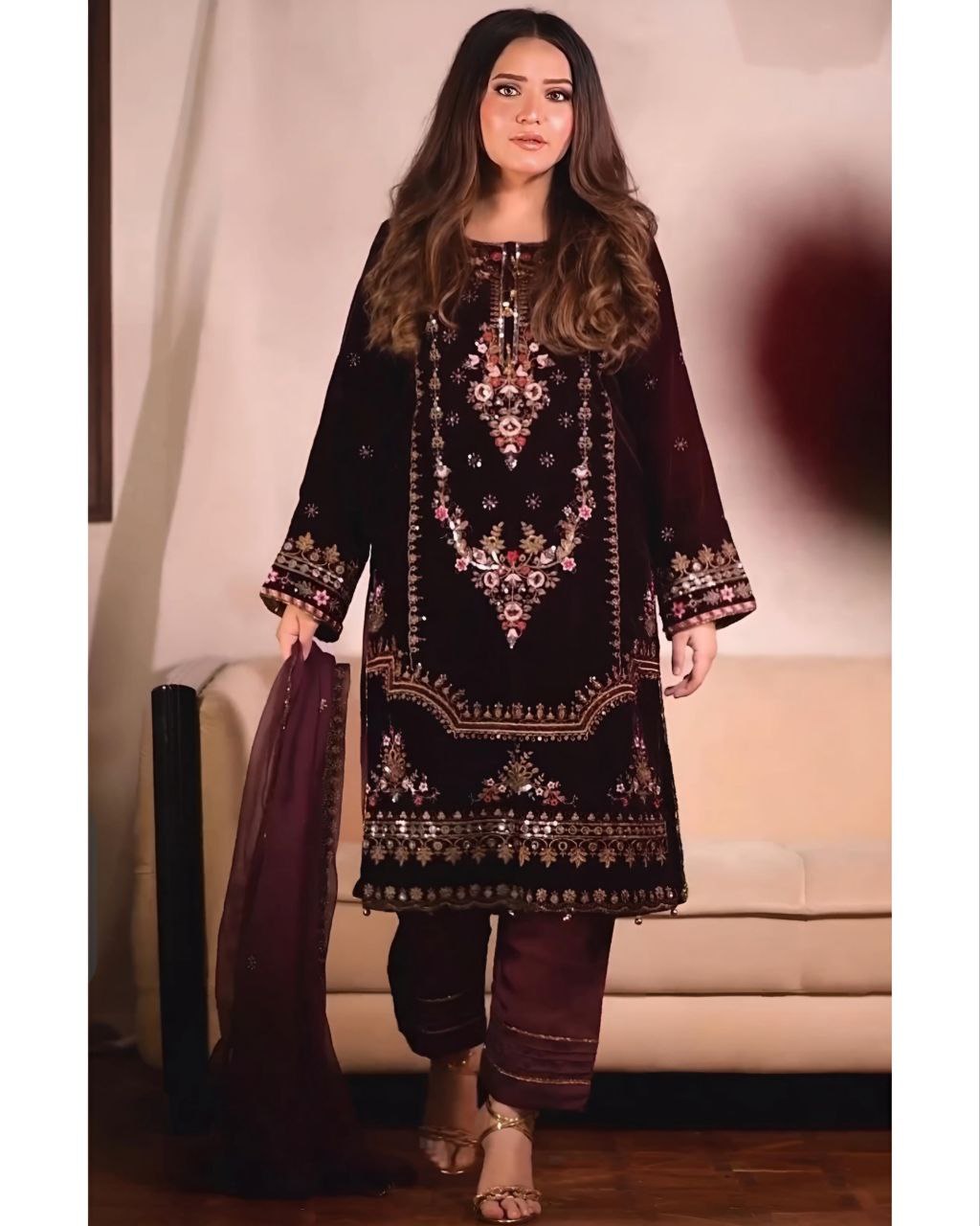 Ready To Wear Micro Velvet Embroidery Work Pakistani Suit With Dupatta