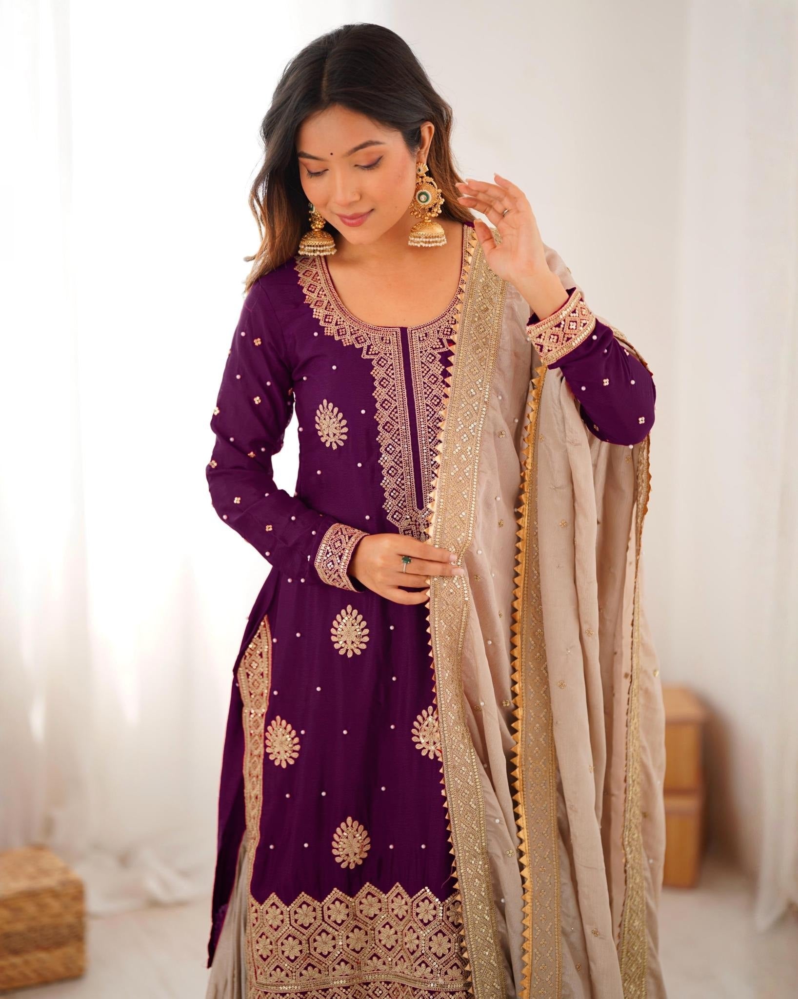 Premium Purple Premium Chinon Silk Embroidery Gharara Suit With Dupatta