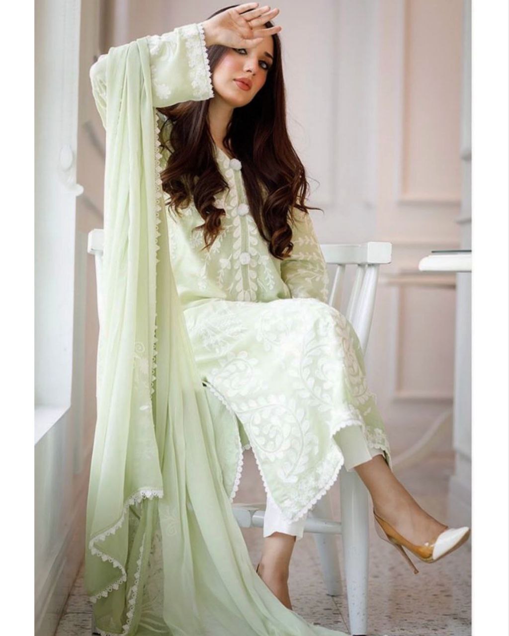 Ready To Wear Pistachio Green Faux Georgette Embroidery Work Pakistani Suit With Dupatta