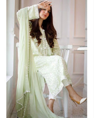 Ready To Wear Pistachio Green Faux Georgette Embroidery Work Pakistani Suit With Dupatta