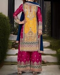 Ready To Wear Pink&Yellow Pure Georgette Embroidery Work Plazzo Suit With Dupatta