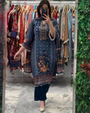Exclusive Blue Chinon Silk Embroidery Kurti Pant With Dupatta