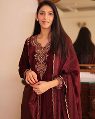 Ready To Wear Dark Brown Micro Velvet Embroidery Work Pant Suit With Dupatta