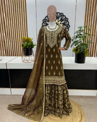 Ready To Wear Olive Green Pure Georgette Embroidery Work Gharara Suit With Dupatta