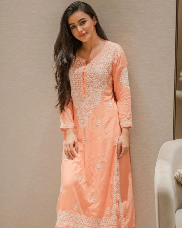 Ready To Wear Peach Rayon Cotton Embroidery Work Chikan Kari Suit