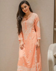 Ready To Wear Peach Rayon Cotton Embroidery Work Chikan Kari Suit