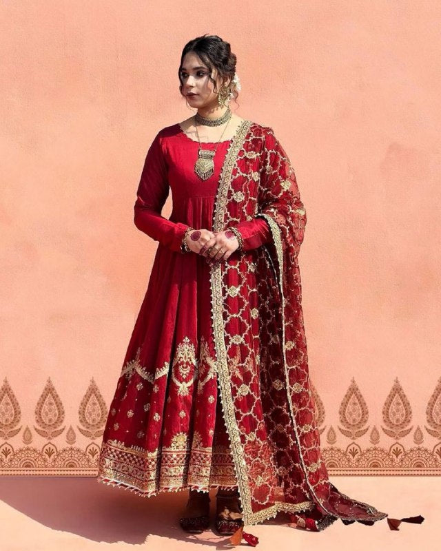 Ready To Wear Hot Red Pure Georgette Embroidery Work Anarkali Suit With Dupatta