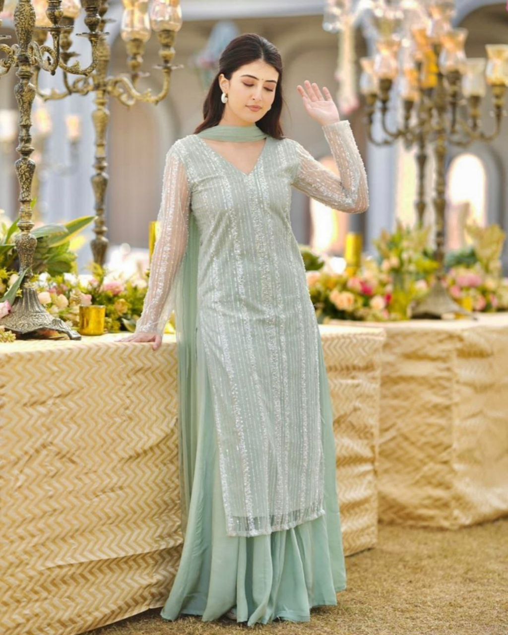 Ready To Wear Pista Green Pure Georgette Embroidery Work Sharara Suit With Dupatta