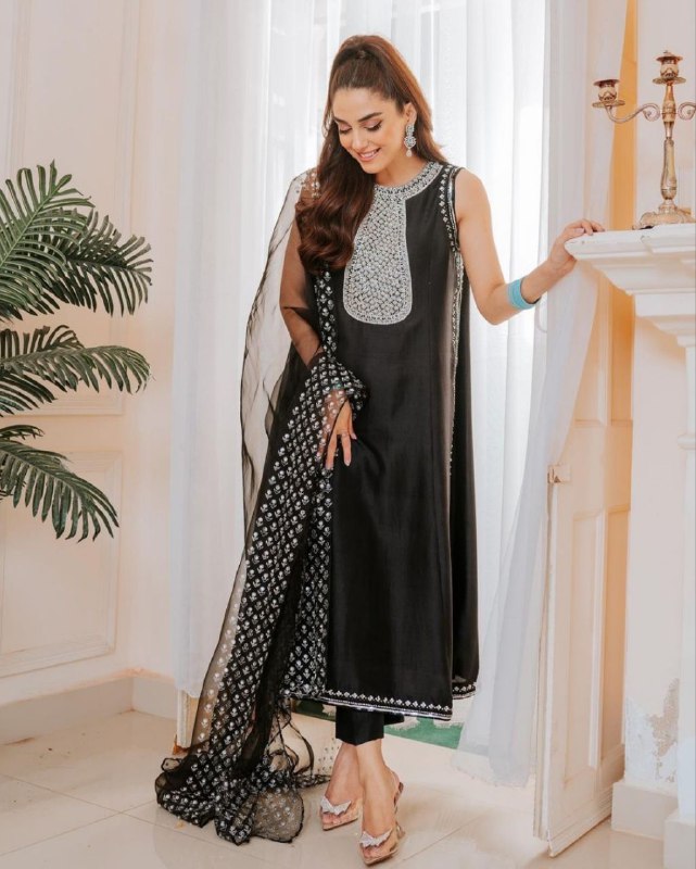 Ready To Wear Black Pure Georgette Embroidery Work Pakistani Suit With Dupatta