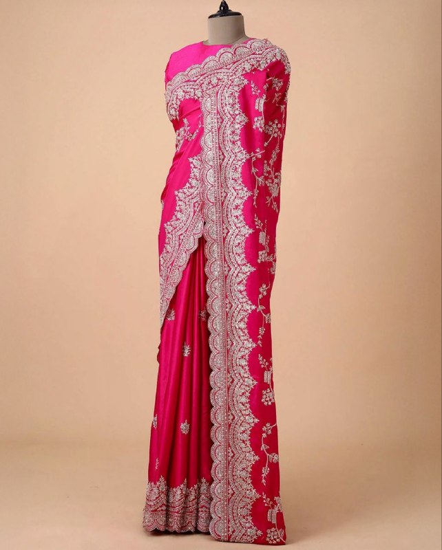 Designer Pink Pure Georgette Embroidery Work Saree With Blouse
