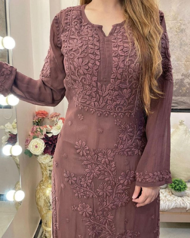 Ready To Wear Brown Soft Georgette Thread Work Pant Suit With Dupatta
