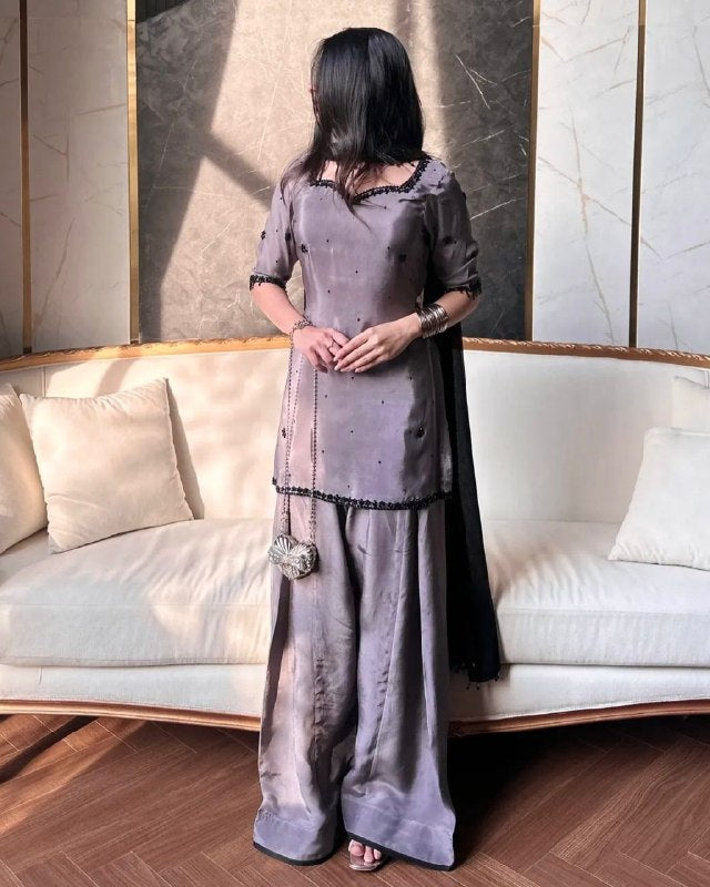 Ready To Wear Smoky Grey Natural Crep Silk Farshi Salwar Kurti With Dupatta