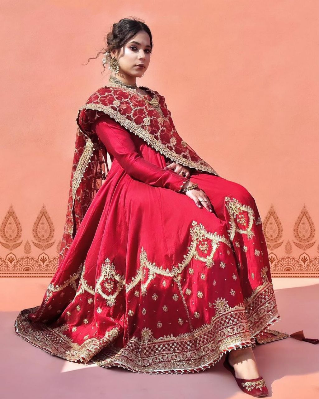 Ready To Wear Hot Red Pure Georgette Embroidery Work Anarkali Suit With Dupatta