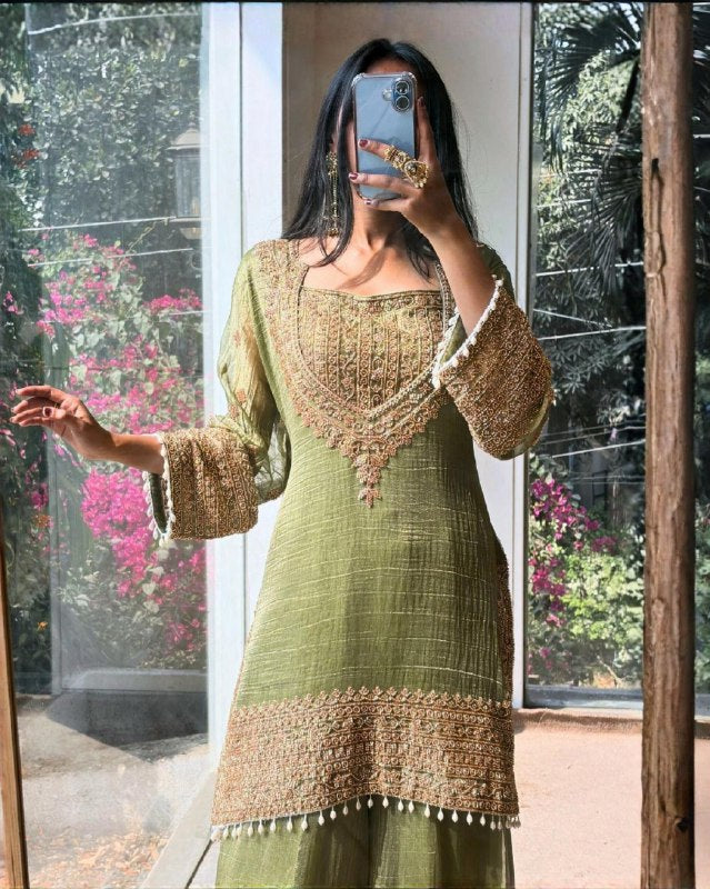 Exclusive Yellow And Green Frendy Silk Embroidery Palazo Kurti With Dupatta