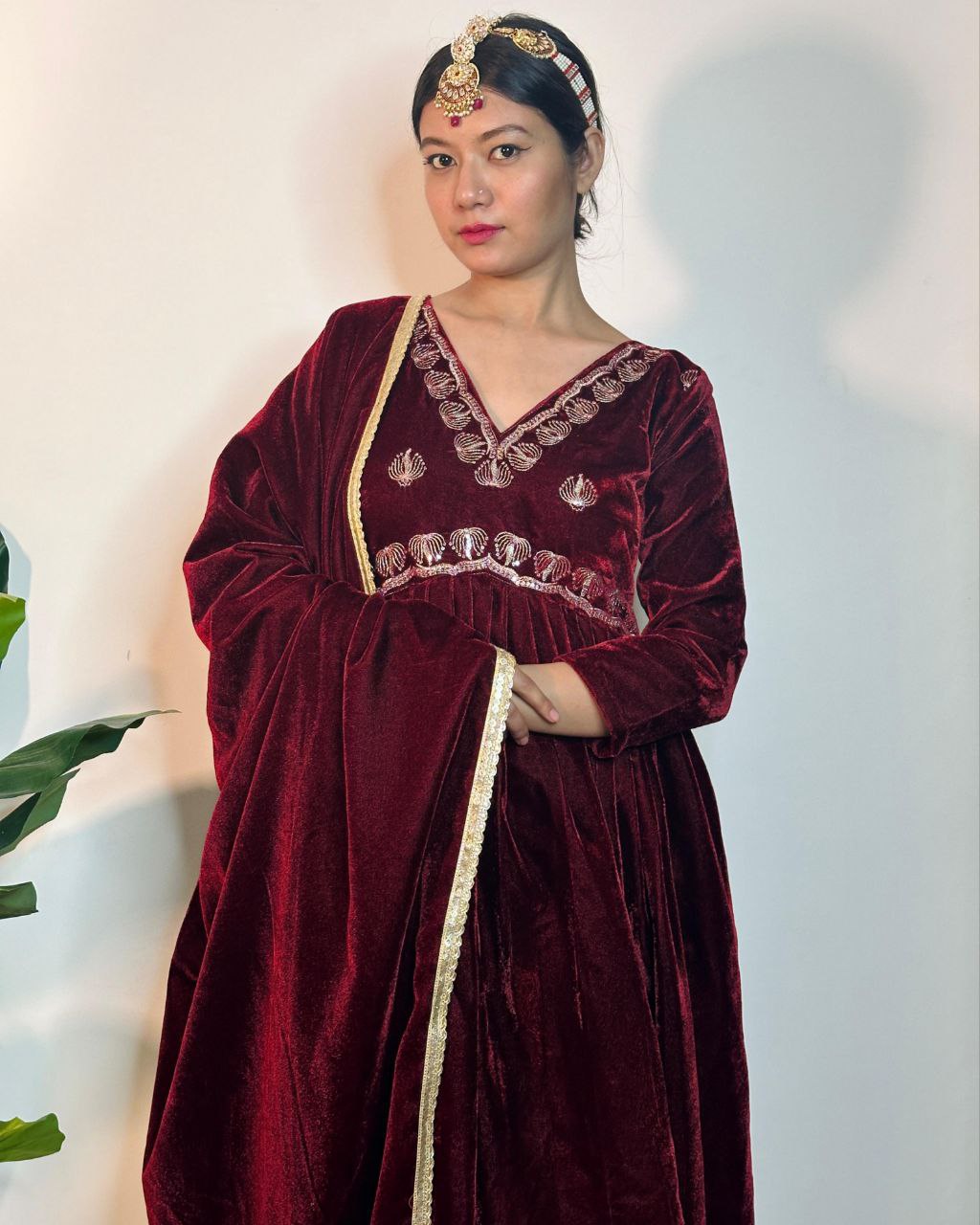 Ready To Wear Maroon Micro Velvet Embroidery Work Alia Cut Suit With Dupatta