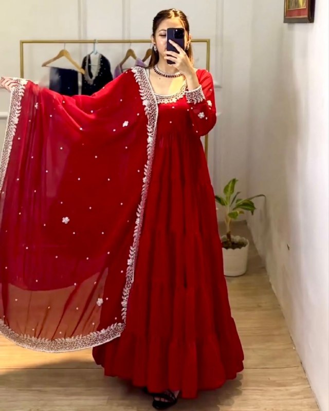 Ready To Wear Red Heavy Georgette Sequence Work Gown With Dupatta